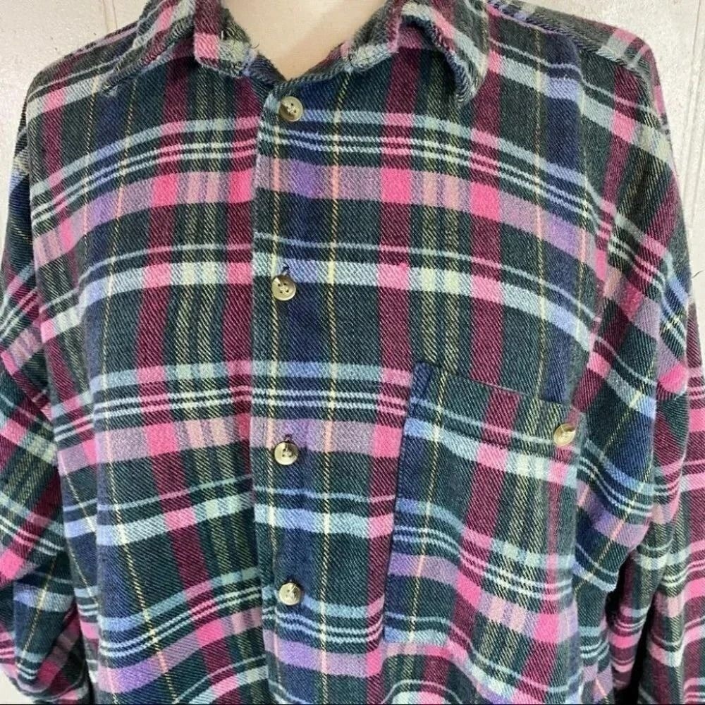 Protest Vintage Plaid Flannel Shirt Mens Large Pink Green Blue‎ Cotton Button Up